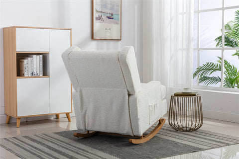 Rocking Chair, up to 300 Lb, Solid Wood, Ultra Comfy Cushion, White (Free Rug)