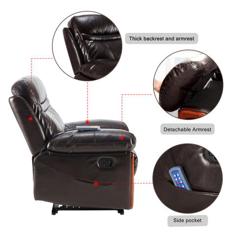 Signature Recliner Chair, Premium Faux Leather, Sleeping Chair with Heat and Massage - Brown