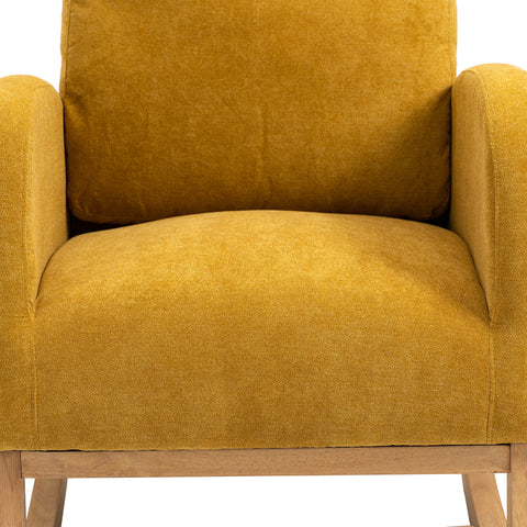 Rocking Chair, up to 300 Lb, Solid Wood, High Back Rest and Ultra Comfy Cushion, Yellow (Free Rug)