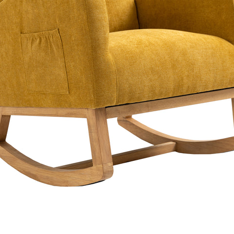 Rocking Chair, up to 300 Lb, Solid Wood, High Back Rest and Ultra Comfy Cushion, Yellow (Free Rug)
