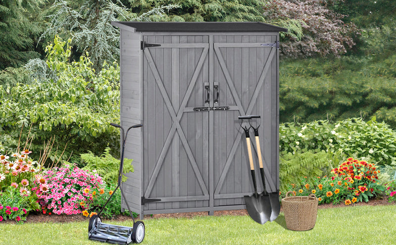 TOPMAX Outdoor 5.3ft Hx4.6ft L Wood Storage Shed Tool Organizer,Garden Shed, Storage Cabinet with Waterproof Asphalt Roof, Double Lockable Doors, 3-tier Shelves for Backyard, Gray
