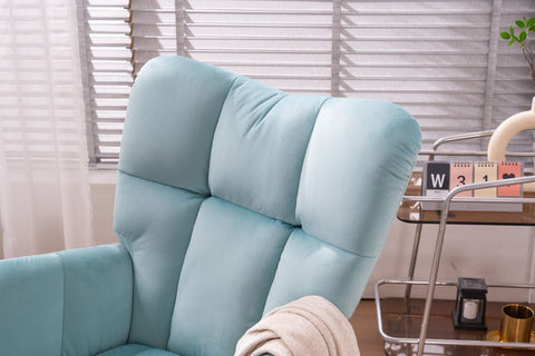 Rocking Chair, up to 300 Lb, Premium Velvet, High Back Rest, Cyan Blue (Free Rug)