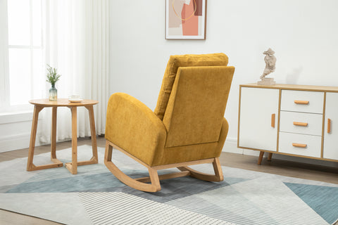 Rocking Chair, up to 300 Lb, Solid Wood, High Back Rest and Ultra Comfy Cushion, Yellow (Free Rug)