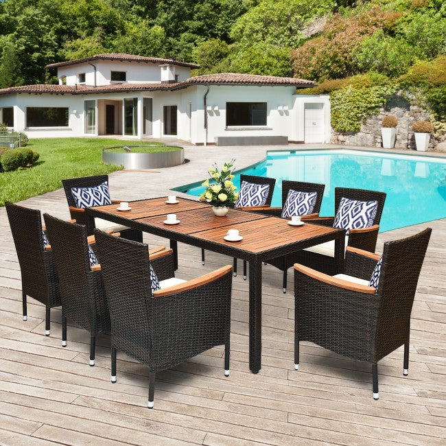 Patio Rattan Dining Set - 9 Pieces with Stackable Chairs Cushioned and Acacia Wood Table Top