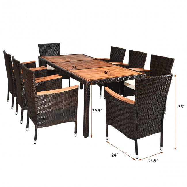 Patio Rattan Dining Set - 9 Pieces with Stackable Chairs Cushioned and Acacia Wood Table Top